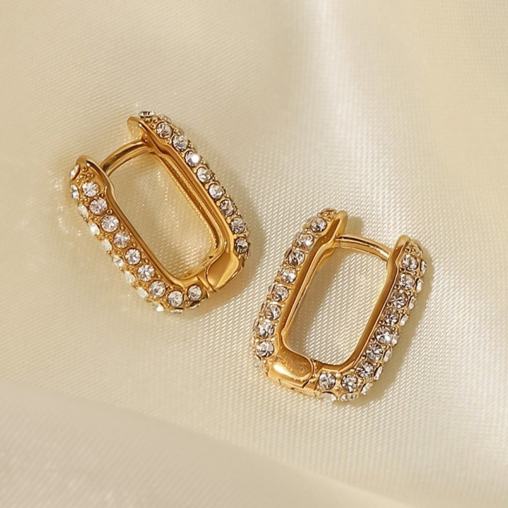 U Shaped Pave Zirconia Hoop Earrings 18K‎ Gold Plated Stainles Steel
